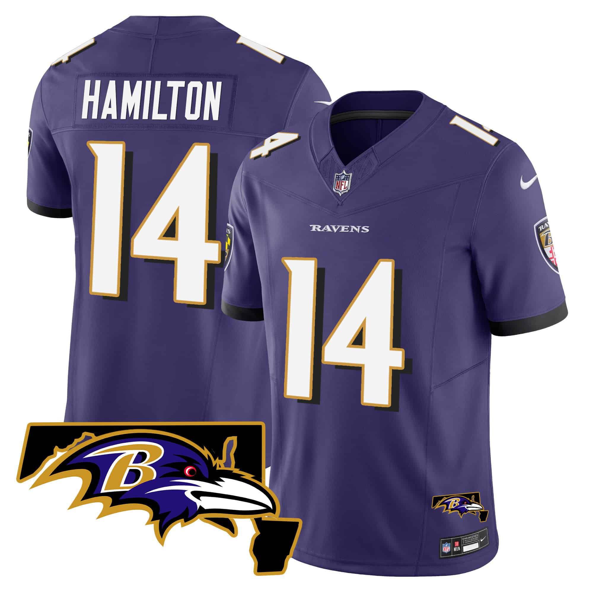 Men Baltimore Ravens #14 Hamilton Purple 2024 Nike Maryland Patch Vapor Limited NFL Jersey style 1